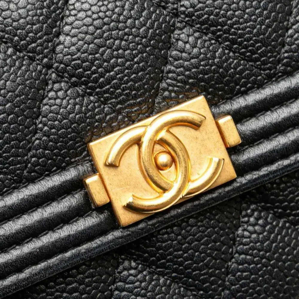 CHANEL Authentic Black Caviar Leather Logo Wallet